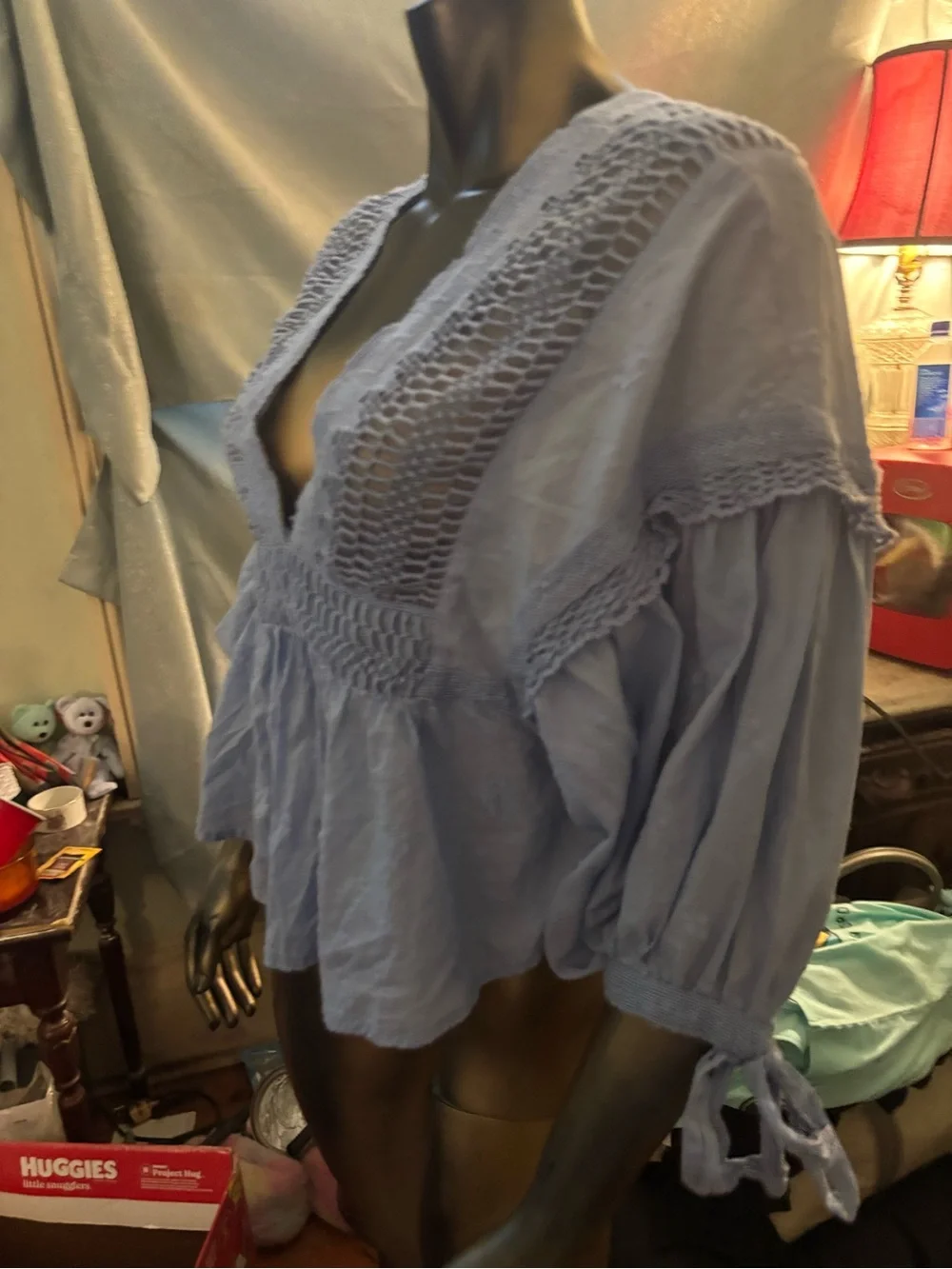 Free People Sky Blue Crochet-Trim Peasant Blouse